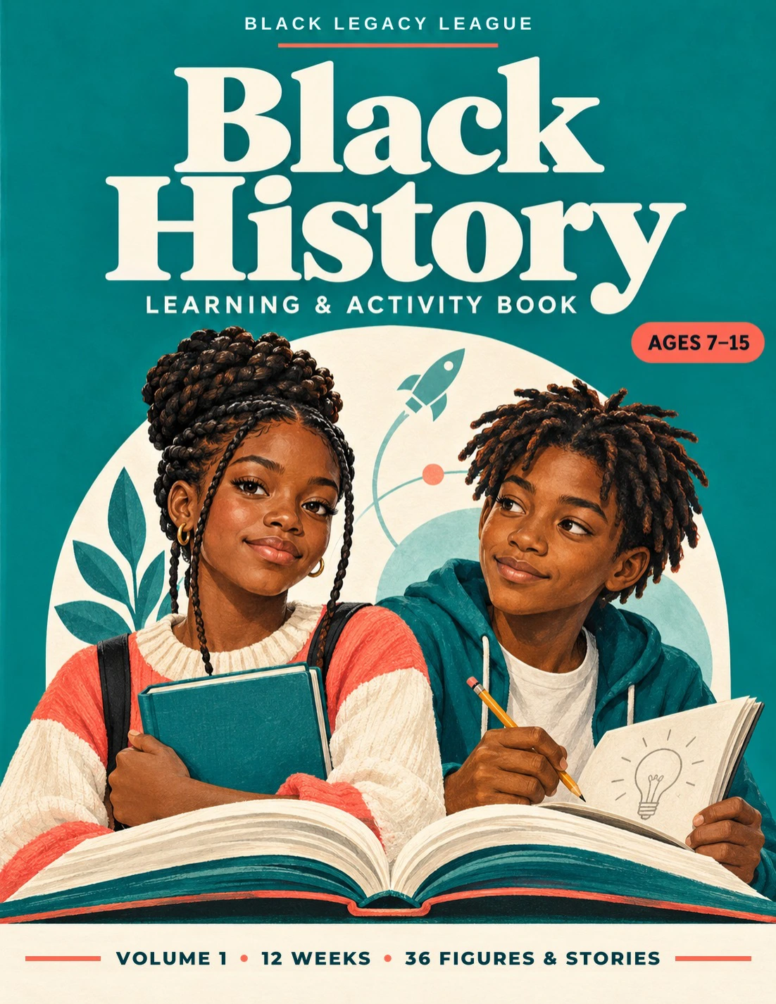 Black Legacy League Black History Learning and Activity Book, Volume 1, with illustrated Black children reading together.
